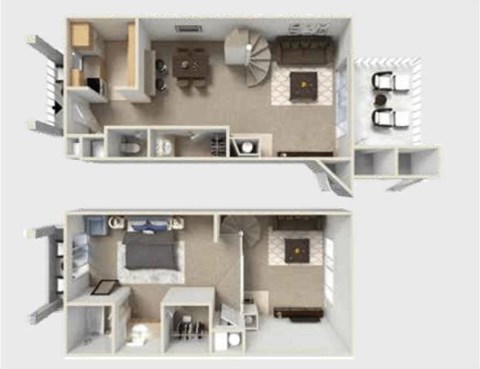 Floor plan for 1 bed, 1.5 baths, 843 sqft